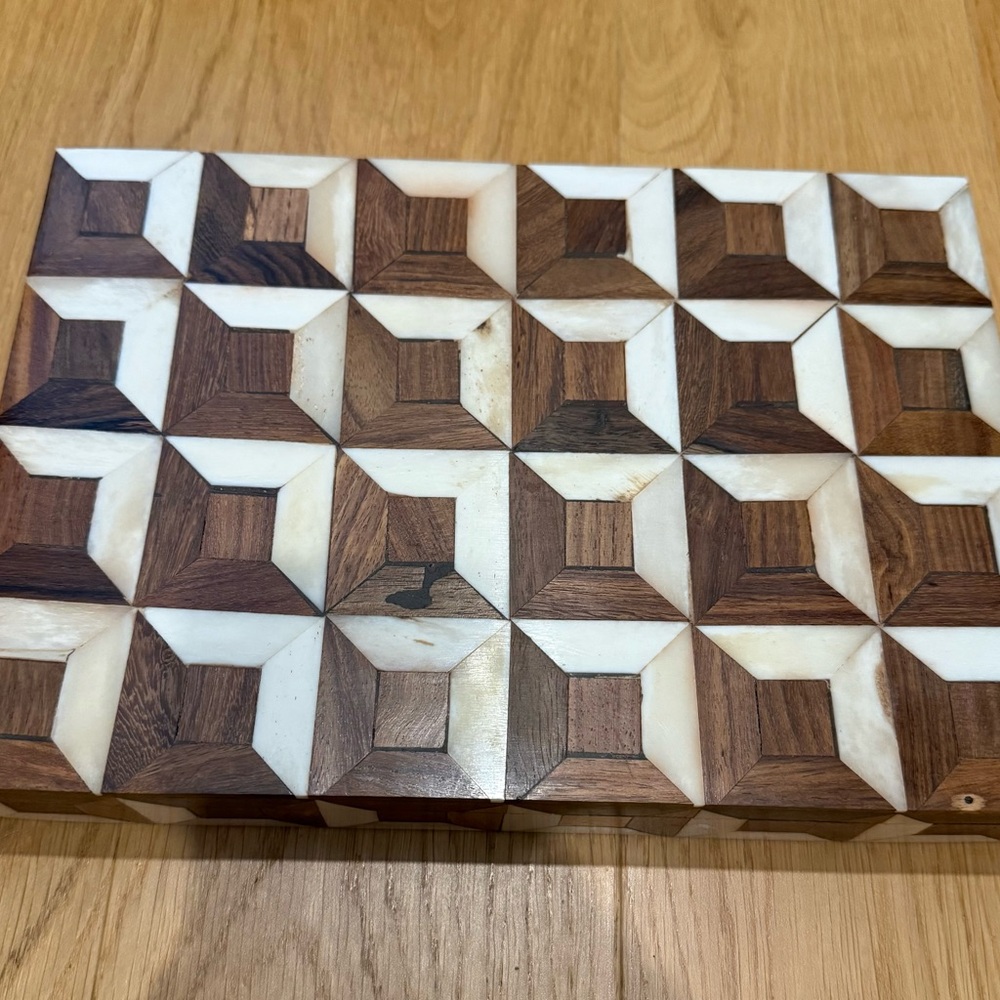 Vintage Pottery Barn Geometric Wood and Cream Decorative Box